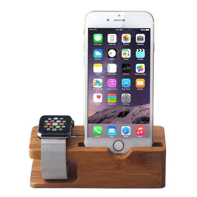 Tuff-Luv Moulded Bamboo Wood Charging Stand For Apple Watch & Iphone 5s / 5c / 6 / 6s – Brown