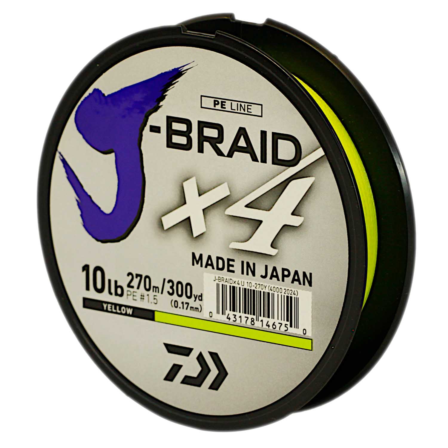 Daiwa J-Braid X4 Braided Fishing Line, 4.8KG/10LB .17MM, Colour Yellow,  270m Spool - Showspace