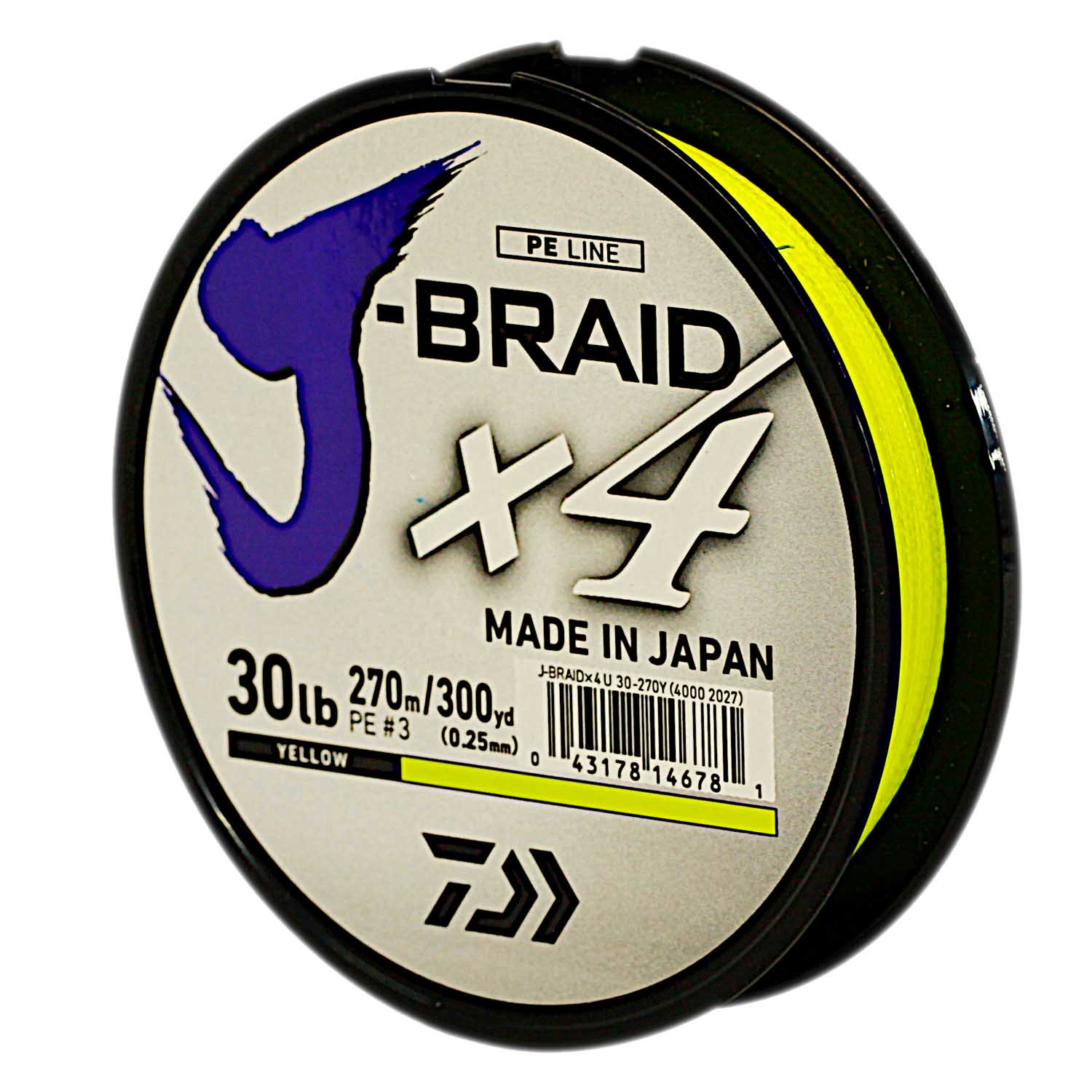 Daiwa J-Braid X4 Braided Fishing Line, 13.6KG/30LB .25MM, Colour Yellow,  270m Spool - Showspace