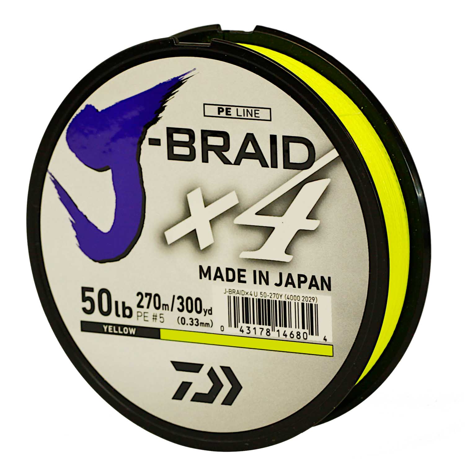 Daiwa J-Braid X4 Braided Fishing Line, 22.7KG/50LB .33MM, Colour Yellow,  270m Spool - Showspace
